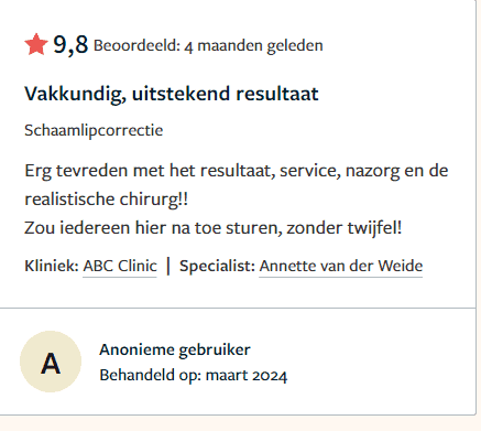 Schaamlipcorrectie ervaring Annette van der Weide ABC Clinic